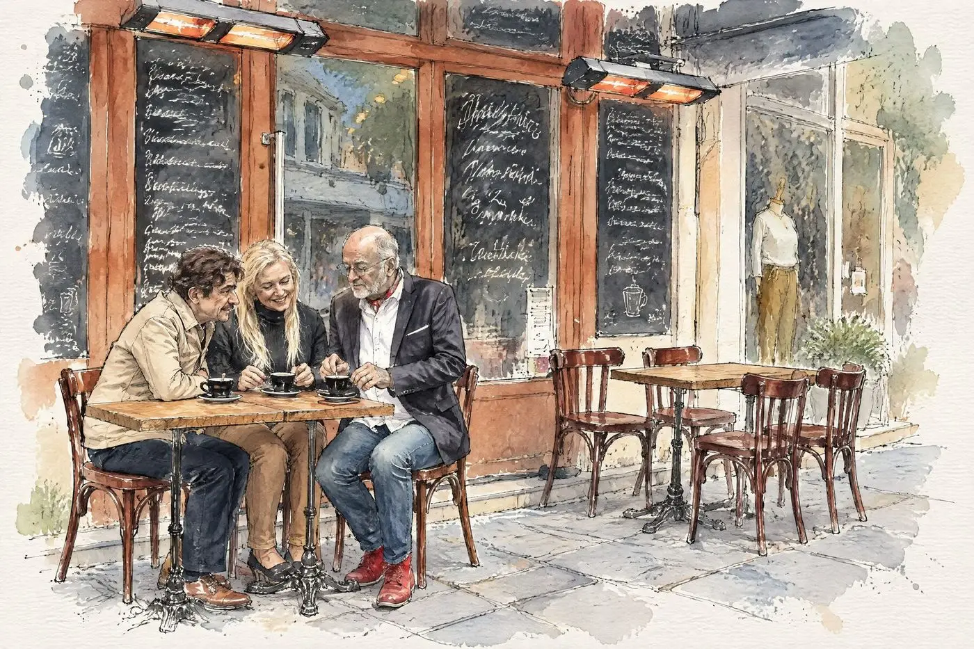 Szkic przyjaciół rozmawiających przy stoliku w ogródku bistro