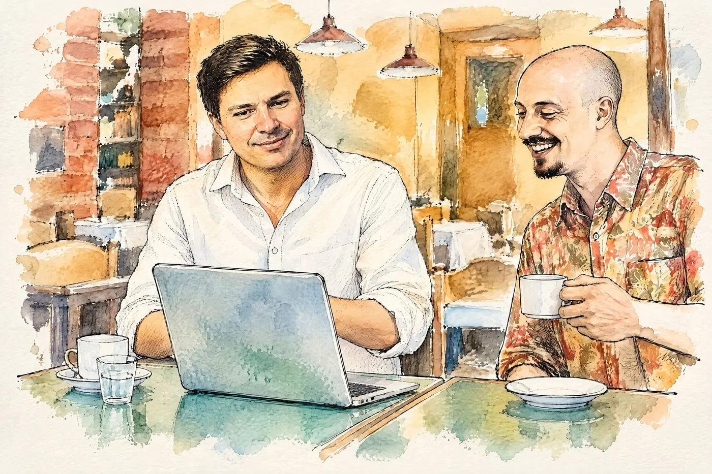 Szkic tuszem i akwarelą: dwóch mężczyzn pracuje razem przy laptopie i kawie w kawiarni